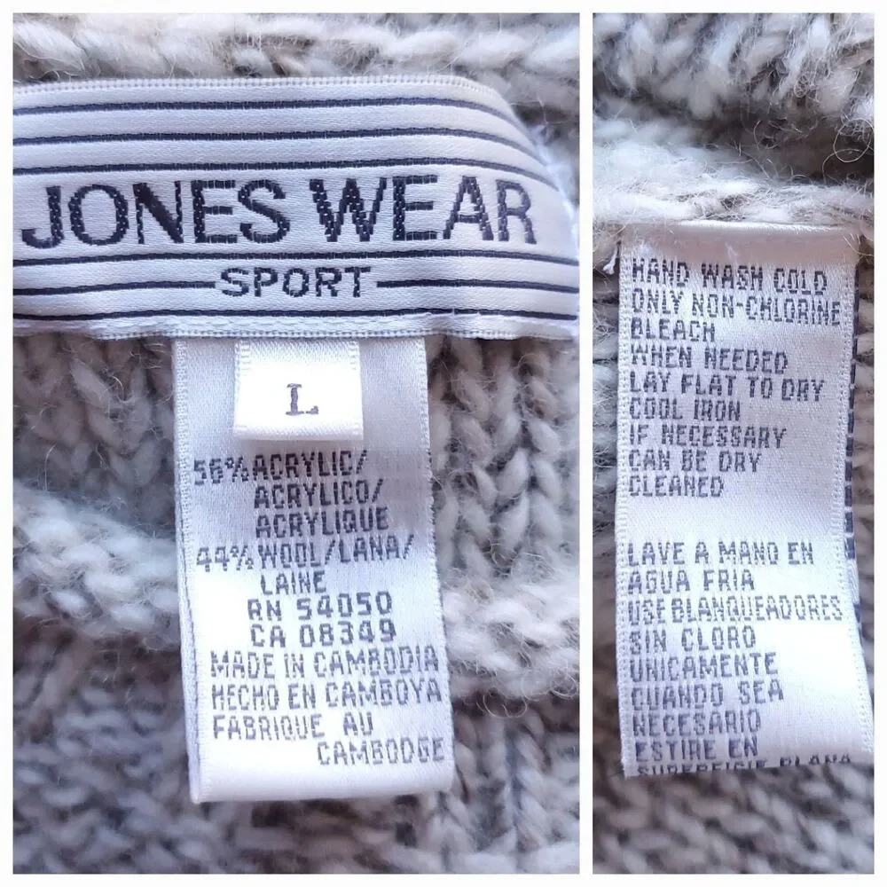 VTG Roll Neck Sweater Sz L Wool Blend Chunky Fisherman Beige Neutral Stripe